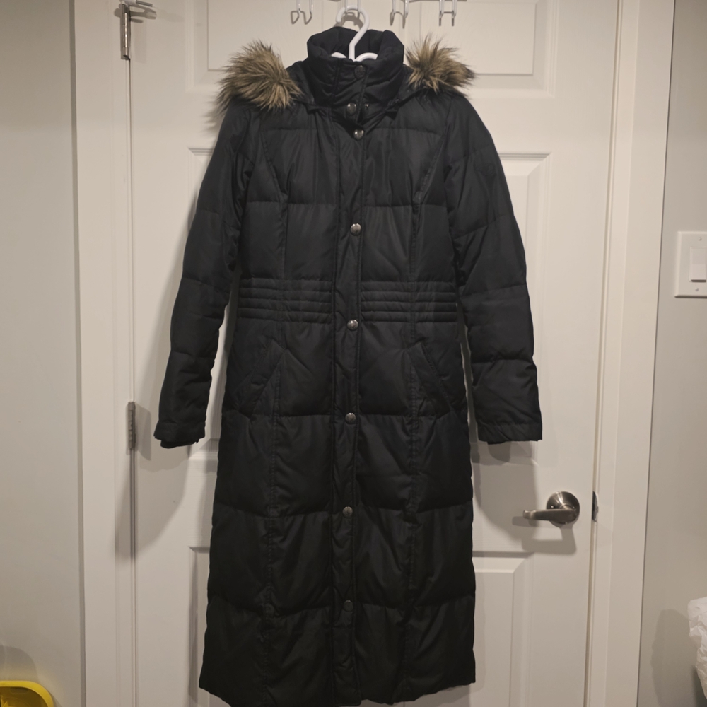 Long Black Puffer Coat with Detachable Faux Fur Hood